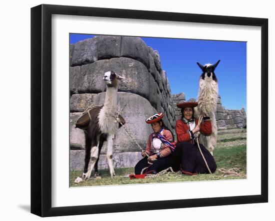 Local Indian Women with Domestic Llamas, Sacsayhumman, Cusco, Peru, South America-Pete Oxford-Framed Photographic Print