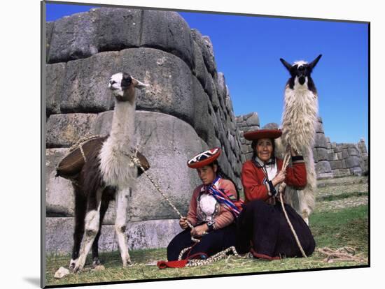 Local Indian Women with Domestic Llamas, Sacsayhumman, Cusco, Peru, South America-Pete Oxford-Mounted Photographic Print