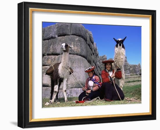 Local Indian Women with Domestic Llamas, Sacsayhumman, Cusco, Peru, South America-Pete Oxford-Framed Photographic Print