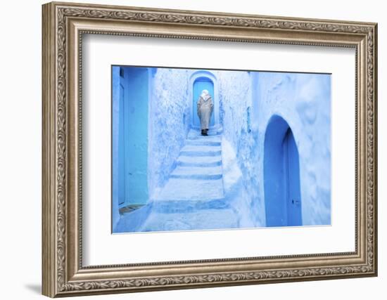 Local Man in the Blue Streets of the Medina, Chefchaouen, Morocco, North Africa, Africa-Jordan Banks-Framed Photographic Print