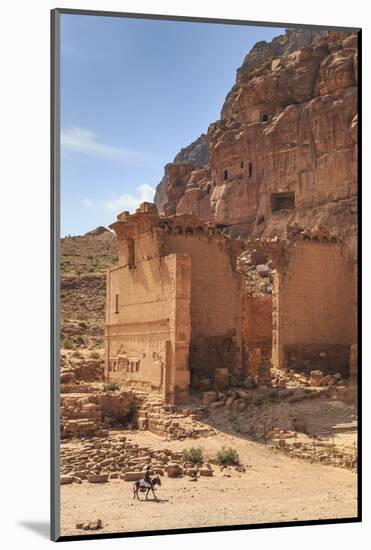 Local Man on Donkey Passes Qasr Al-Bint Temple, Jordan-Eleanor Scriven-Mounted Photographic Print