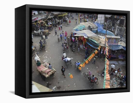 Local Market and Rickshaws Seen from Above, Pahar Ganj, Main Bazaar, New Delhi, Delhi, India-Eitan Simanor-Framed Premier Image Canvas