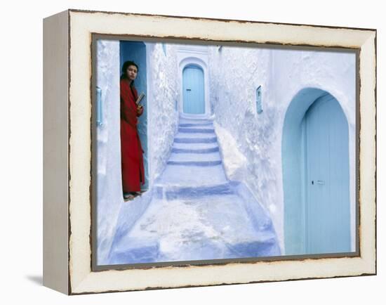 Local Woman Steps Out into Whitewashed Streets of Rif Mountains Town of Chefchaouen, Morocco-Andrew Watson-Framed Premier Image Canvas