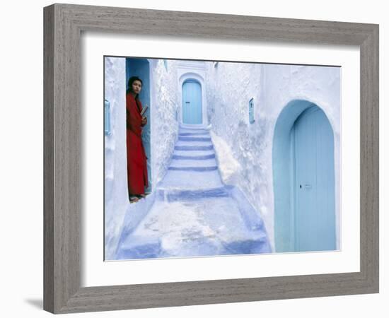 Local Woman Steps Out into Whitewashed Streets of Rif Mountains Town of Chefchaouen, Morocco-Andrew Watson-Framed Photographic Print