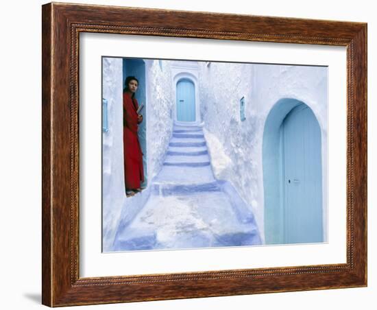 Local Woman Steps Out into Whitewashed Streets of Rif Mountains Town of Chefchaouen, Morocco-Andrew Watson-Framed Photographic Print