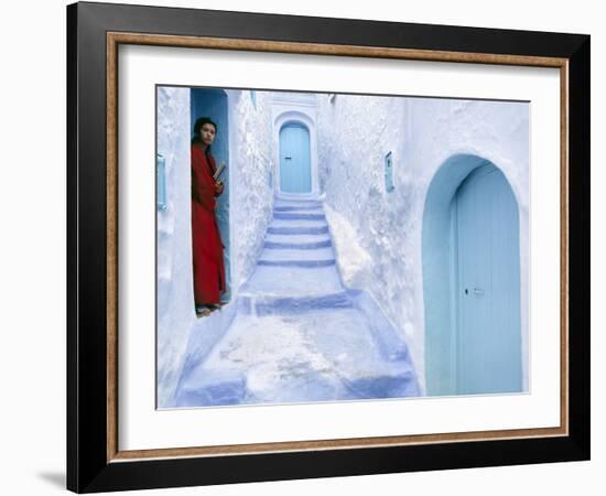 Local Woman Steps Out into Whitewashed Streets of Rif Mountains Town of Chefchaouen, Morocco-Andrew Watson-Framed Photographic Print