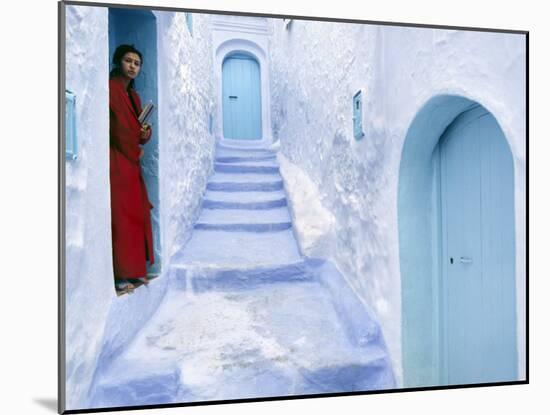 Local Woman Steps Out into Whitewashed Streets of Rif Mountains Town of Chefchaouen, Morocco-Andrew Watson-Mounted Photographic Print