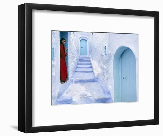 Local Woman Steps Out into Whitewashed Streets of Rif Mountains Town of Chefchaouen, Morocco-Andrew Watson-Framed Photographic Print