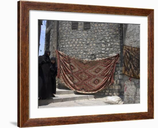 Local Woman Walking Down Steps, Blanket on Wall, Aleppo (Haleb), Syria, Middle East-Christian Kober-Framed Photographic Print