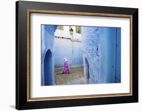 Local Women Walking Through the Blue Streets of the Medina, Chefchaouen, Morocco, Africa-Jordan Banks-Framed Photographic Print