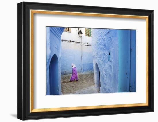 Local Women Walking Through the Blue Streets of the Medina, Chefchaouen, Morocco, Africa-Jordan Banks-Framed Photographic Print