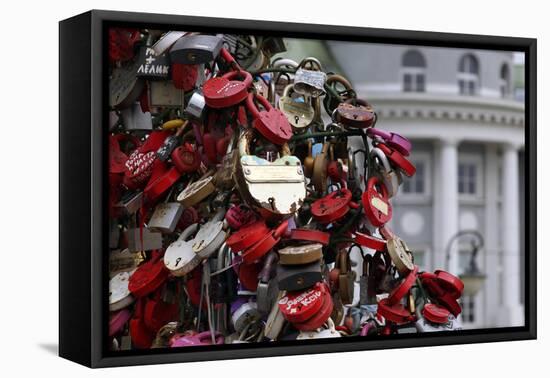Locks Line the Bridge, Keys are Tossed in as a Symbol of Love, Moscow, Russia-Kymri Wilt-Framed Premier Image Canvas
