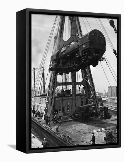 Locomotive Hoisted by Merritt-Chapman-Scott Crane Headed for France to Boost the Postwar Effort-Andreas Feininger-Framed Premier Image Canvas