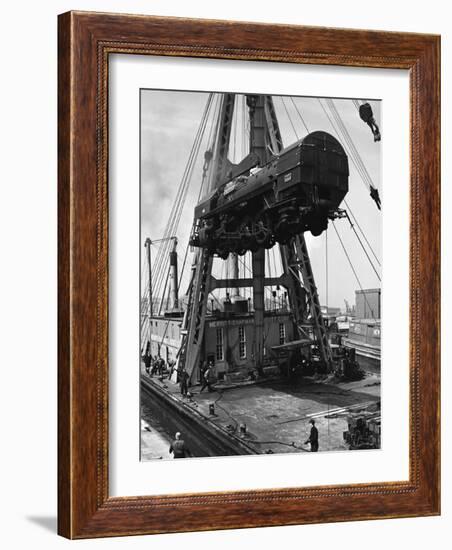 Locomotive Hoisted by Merritt-Chapman-Scott Crane Headed for France to Boost the Postwar Effort-Andreas Feininger-Framed Photographic Print