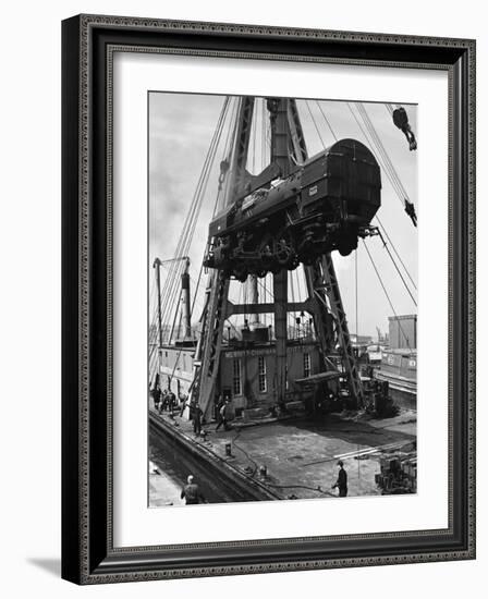 Locomotive Hoisted by Merritt-Chapman-Scott Crane Headed for France to Boost the Postwar Effort-Andreas Feininger-Framed Photographic Print