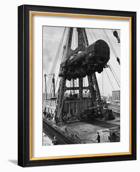 Locomotive Hoisted by Merritt-Chapman-Scott Crane Headed for France to Boost the Postwar Effort-Andreas Feininger-Framed Photographic Print