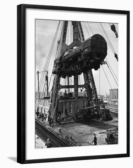 Locomotive Hoisted by Merritt-Chapman-Scott Crane Headed for France to Boost the Postwar Effort-Andreas Feininger-Framed Photographic Print