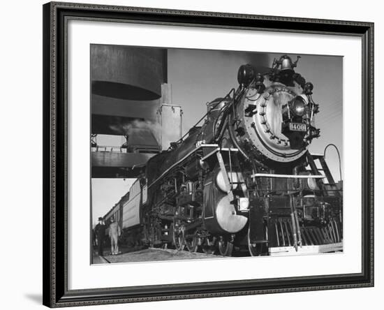 Locomotive of Train at Water Stop During President Franklin D. Roosevelt's Trip to Warm Springs-Margaret Bourke-White-Framed Photographic Print