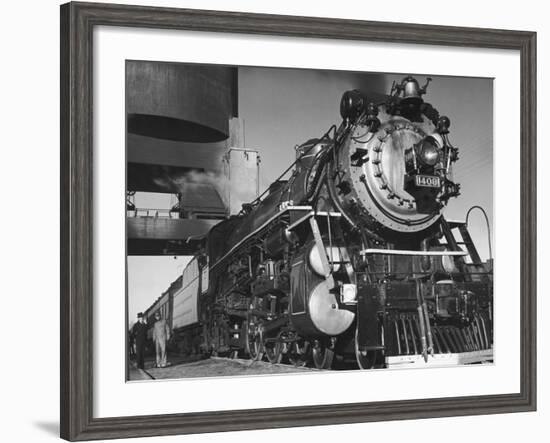 Locomotive of Train at Water Stop During President Franklin D. Roosevelt's Trip to Warm Springs-Margaret Bourke-White-Framed Photographic Print