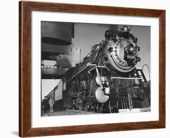 Locomotive of Train at Water Stop During President Franklin D. Roosevelt's Trip to Warm Springs-Margaret Bourke-White-Framed Photographic Print