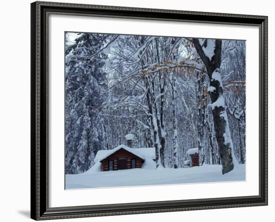 Log Cabin in Snowy Woods, Chippewa County, Michigan, USA-Claudia Adams-Framed Photographic Print