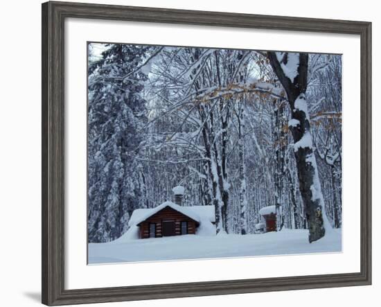 Log Cabin in Snowy Woods, Chippewa County, Michigan, USA-Claudia Adams-Framed Photographic Print