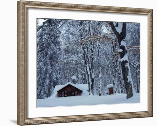 Log Cabin in Snowy Woods, Chippewa County, Michigan, USA-Claudia Adams-Framed Photographic Print