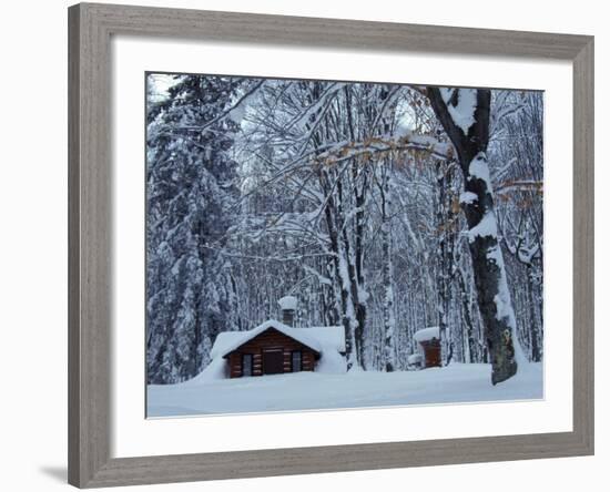 Log Cabin in Snowy Woods, Chippewa County, Michigan, USA-Claudia Adams-Framed Photographic Print