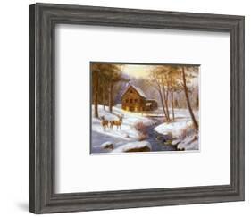 Log Cabin with Deer-M^ Caroselli-Framed Art Print
