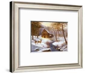Log Cabin with Deer-M^ Caroselli-Framed Art Print