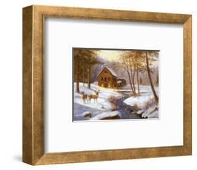 Log Cabin with Deer-M^ Caroselli-Framed Art Print