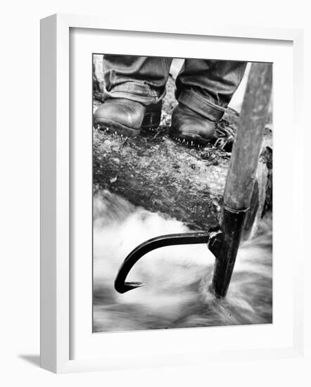 Log Driver's Feet Using a Peavey, to Control Lumber Floating Down River Headed for Paper Mill-Margaret Bourke-White-Framed Premium Photographic Print