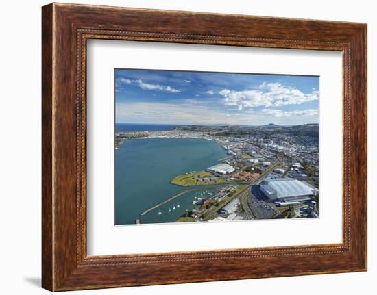 Logan Park, Forsyth Barr Stadium, and Otago Harbor, Dunedin, South Island, New Zealand, aerial-David Wall-Framed Photographic Print