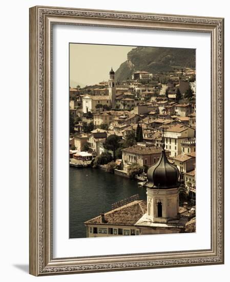 Lombardy, Lake District, Lake Garda, Limone Sul Garda, Town View with San Benedetto Church, Italy-Walter Bibikow-Framed Photographic Print