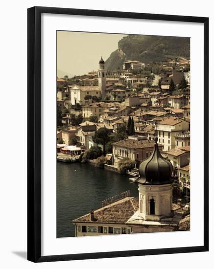 Lombardy, Lake District, Lake Garda, Limone Sul Garda, Town View with San Benedetto Church, Italy-Walter Bibikow-Framed Photographic Print