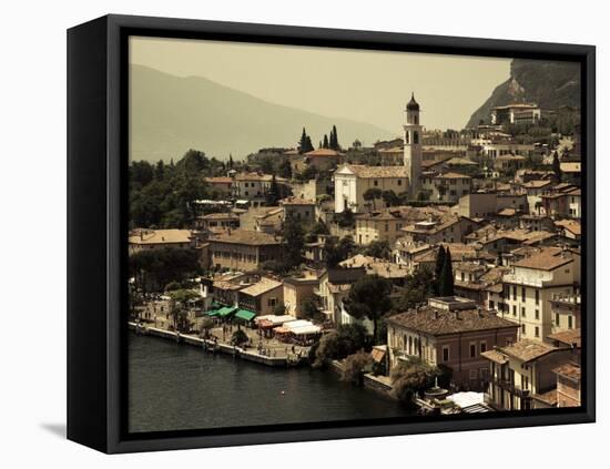 Lombardy, Lake District, Lake Garda, Limone Sul Garda, Town View with San Benedetto Church, Italy-Walter Bibikow-Framed Premier Image Canvas