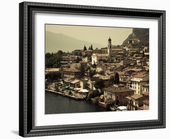 Lombardy, Lake District, Lake Garda, Limone Sul Garda, Town View with San Benedetto Church, Italy-Walter Bibikow-Framed Photographic Print