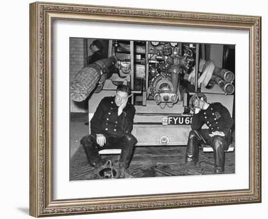 London Auxiliary Fire Service Crew Members Catch Nap on Tail of a Fire Truck-William Vandivert-Framed Photographic Print