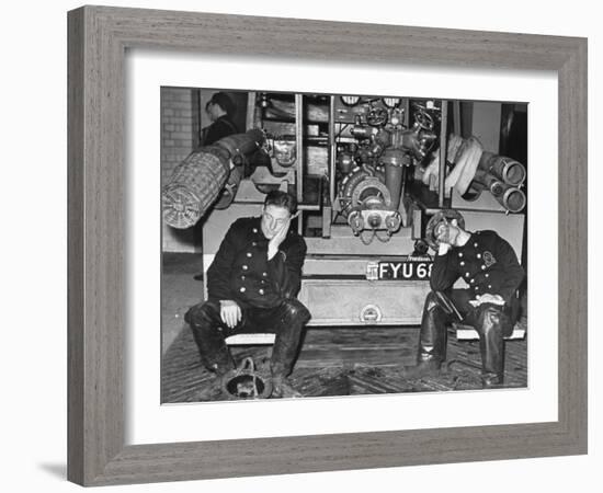 London Auxiliary Fire Service Crew Members Catch Nap on Tail of a Fire Truck-William Vandivert-Framed Photographic Print