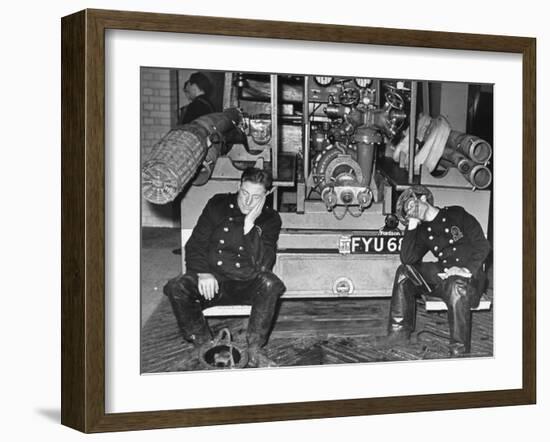 London Auxiliary Fire Service Crew Members Catch Nap on Tail of a Fire Truck-William Vandivert-Framed Photographic Print