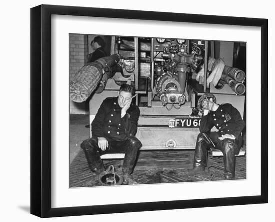 London Auxiliary Fire Service Crew Members Catch Nap on Tail of a Fire Truck-William Vandivert-Framed Photographic Print