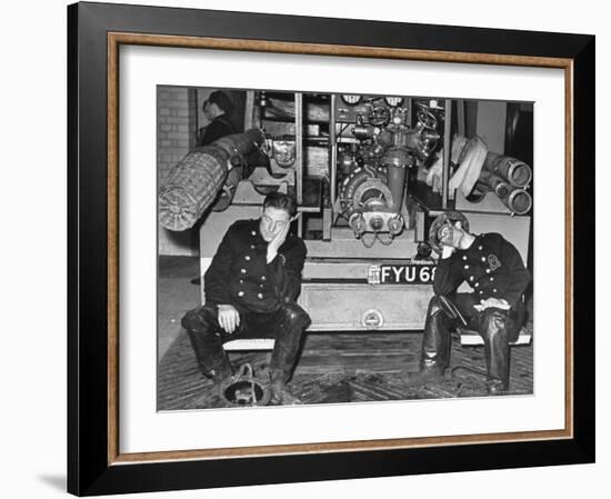 London Auxiliary Fire Service Crew Members Catch Nap on Tail of a Fire Truck-William Vandivert-Framed Photographic Print