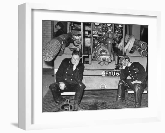 London Auxiliary Fire Service Crew Members Catch Nap on Tail of a Fire Truck-William Vandivert-Framed Photographic Print