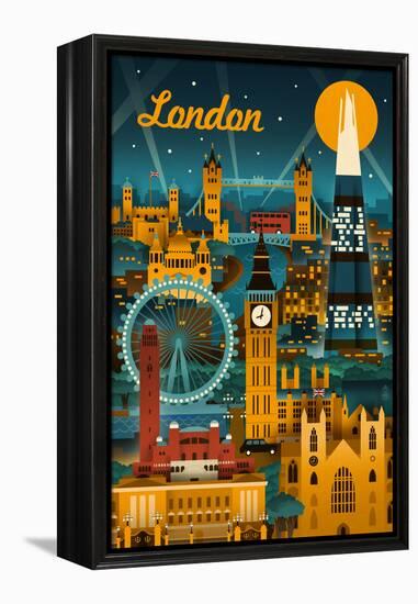 London, England - Retro Skyline-Lantern Press-Framed Stretched Canvas