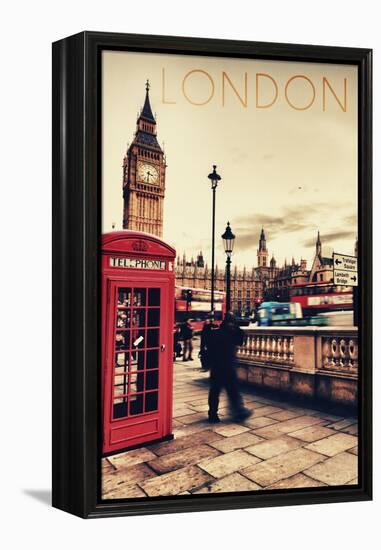 London, England - Telephone Booth and Big Ben-Lantern Press-Framed Stretched Canvas