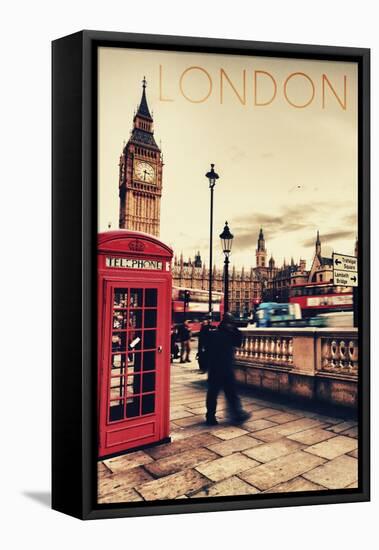 London, England - Telephone Booth and Big Ben-Lantern Press-Framed Stretched Canvas
