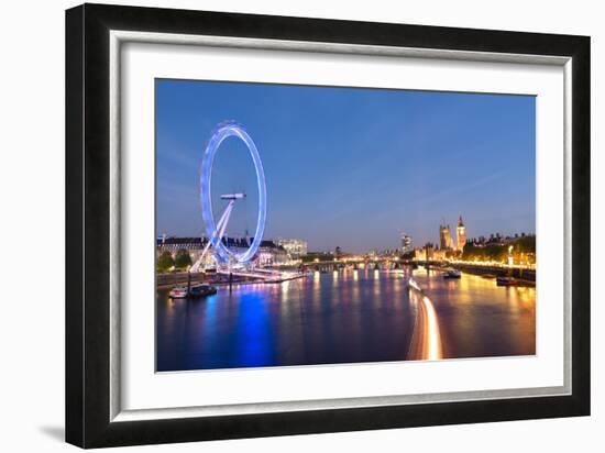 London Eye and Big Ben on the Banks of Thames River at Twilight-ollirg-Framed Photographic Print