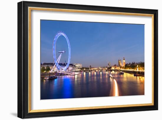 London Eye and Big Ben on the Banks of Thames River at Twilight-ollirg-Framed Photographic Print