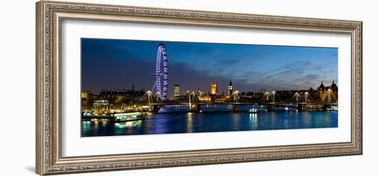 London Eye and Central London Skyline at Dusk, South Bank, Thames River, London, England-null-Framed Photographic Print