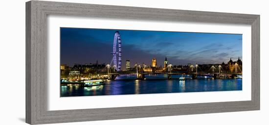 London Eye and Central London Skyline at Dusk, South Bank, Thames River, London, England-null-Framed Photographic Print